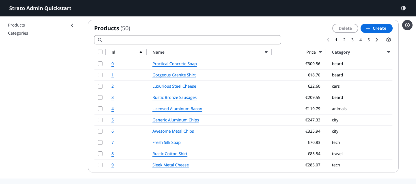 Strato Admin Products List